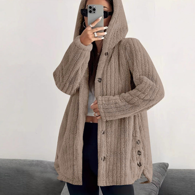Women's Solid Color Long Sleeve Hooded Loose Plush Coat