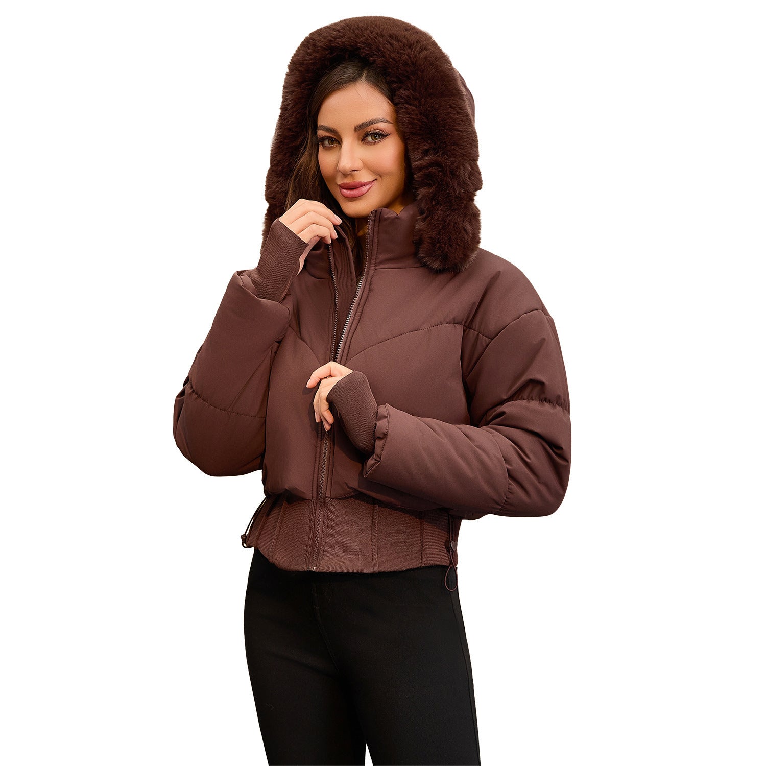 Women's Hooded Large Fur Collar Short Cotton Jacket