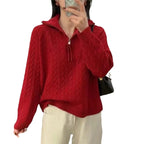 Thick Loose Outer Wear Half Turtleneck Lapel Cable-knit Sweater